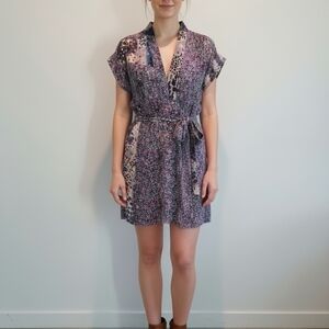 JUMA Mixed Print Short Sleeve Top Size 8 V-Neck Tie Waist Floral Abstract